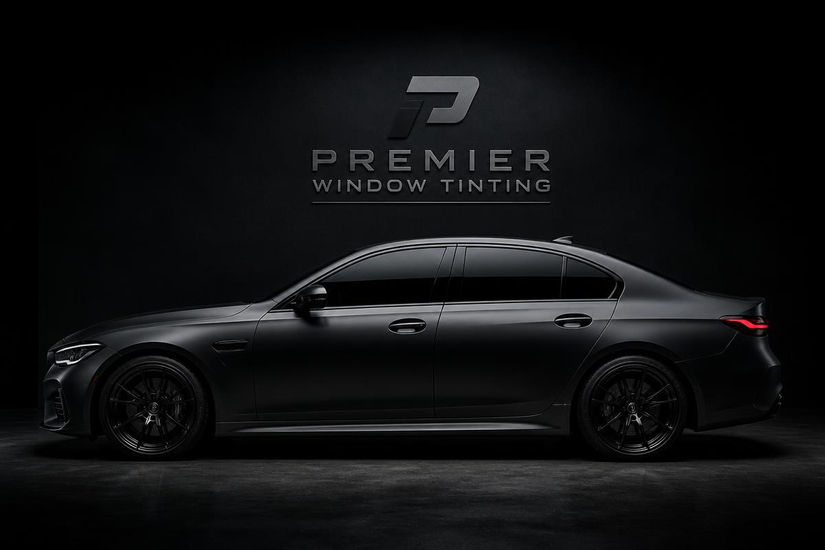 Matte black sedan with tinted windows
