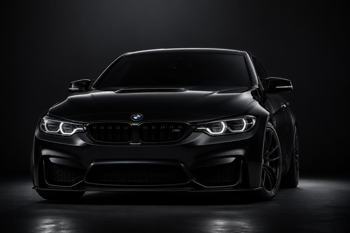 Front view of black coupe with tinted windshield